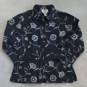 Talbots Petites Irish Linen Blend Blouse P Black White Floral Button Front Chic